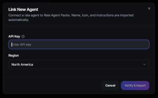 Link New Agent dialog with API key and region fields