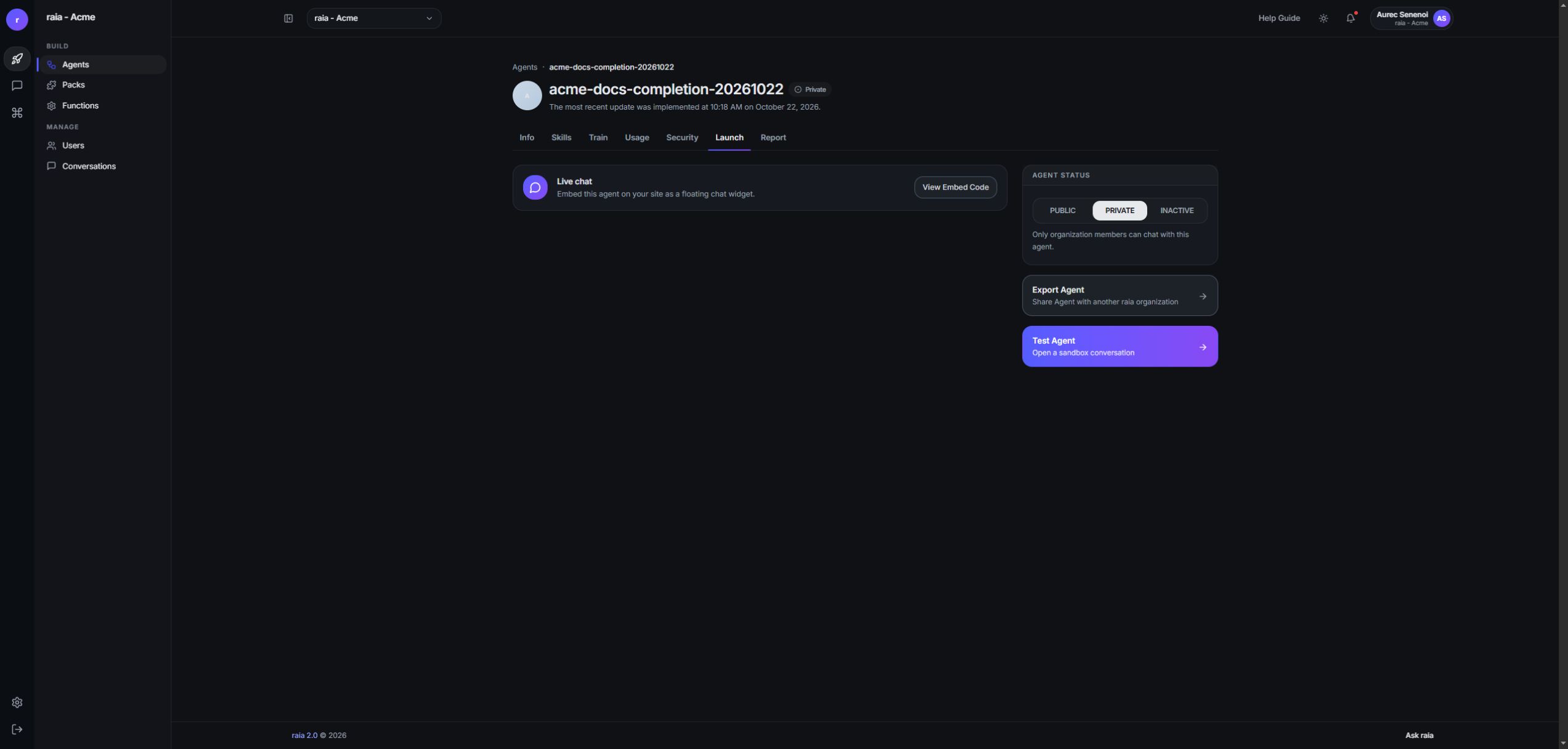 Launch tab for a Private agent.
